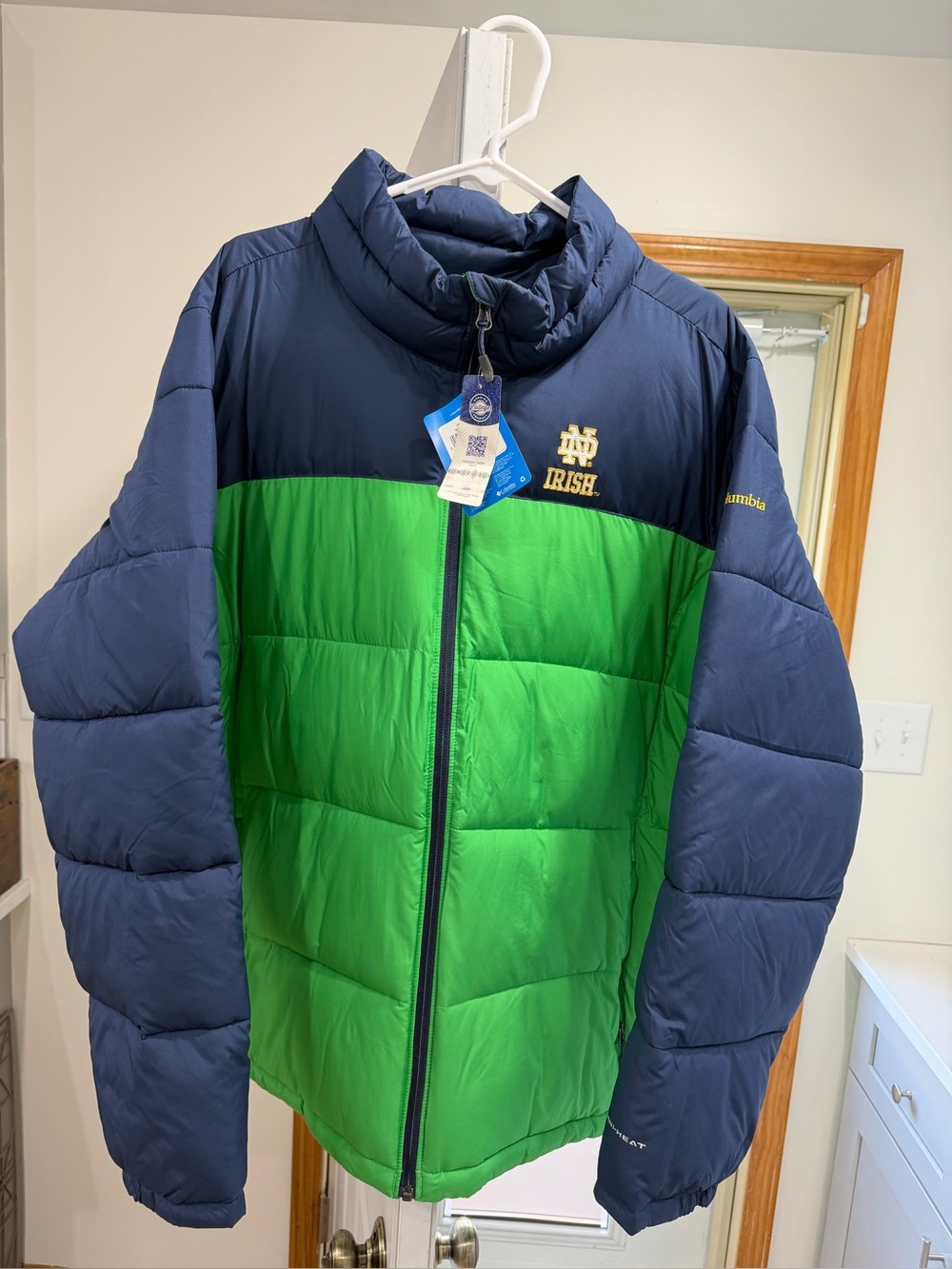 Columbia Green & Navy Puffer Jacket with Notre Dame Logo